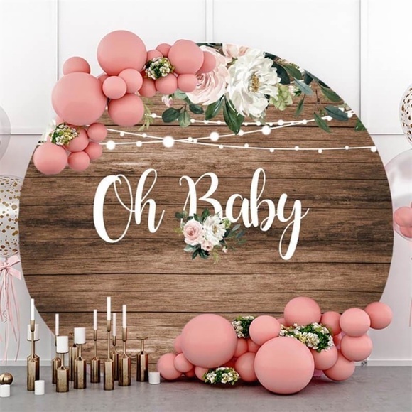 Glitter And Floral Oh Baby Round Baby Shower Backdrop - Picture 2 of 4